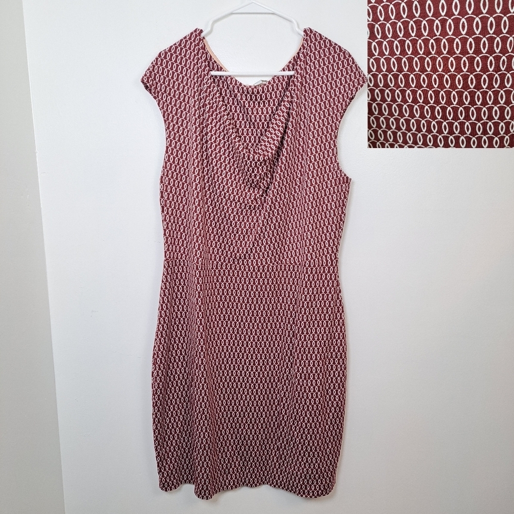 Boden Red White Swirl Pattern Cowl Neck Knee Length Lyocell Blend Dress Size 16‎